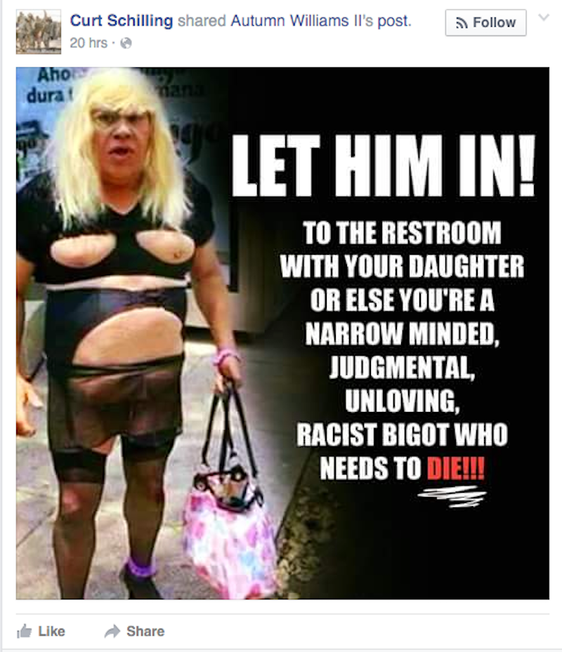 Illustration for article titled ESPN's Curt Schilling Shares Bigoted Anti-Trans Meme On His Facebook Page